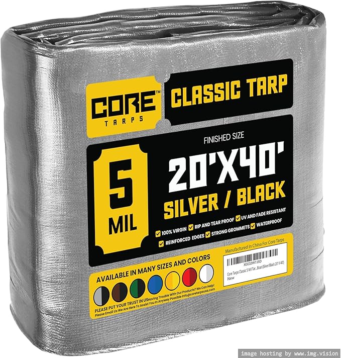 Core Tarps Classic 5 Mil Tarp Cover, Waterproof, UV Resistant, Rip and Tear Proof, Poly Tarpaulin with Reinforced Edges for Roof, Camping, Patio, Pool Cover, Boat (Silver/Black 20′ X 40′)
