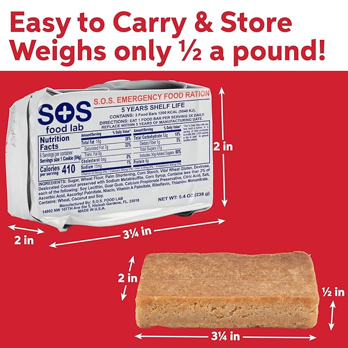 SOS Food Lab Emergency Food Bar - 1200 Calorie Ration (2 Pack Shortbread Cookie) - 1 Day/24 Hour Ready to Eat Supply for Camping, Hiking, Disaster Preparedness - 5 Year Shelf Life Energy Survival Food