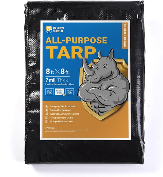 GUARD SHIELD Black Tarp Waterproof 8x8 Feet Medium Duty All Purpose Poly Tarps Cover 7mil