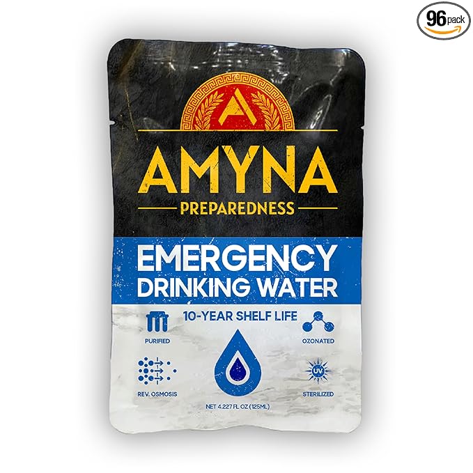 Emergency Drinking Water Pouches (96) 10-Year Shelf Life - Individual Survival Water Ration Packets for Disaster Preparedness - 4.227 fl oz / 125 ml - Made in USA