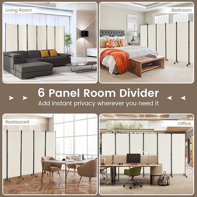 Giantex 6 Panel Room Divider, 132''W x 68''H Large Folding Privacy Screen, Rolling Partition Room Dividers for Home Office Studio Separation, Freestanding Fabric Wall Divider Screen on Wheels, Beige