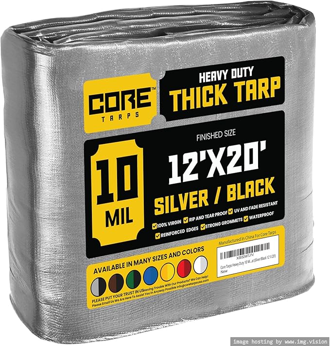 Core Tarps Heavy Duty 10 Mil Tarp Cover, Waterproof, UV Resistant, Rip and Tear Proof, Poly Tarpaulin with Reinforced Edges for Roof, Camping, Patio, Pool, Boat (Silver/Black 12′ X 20′)