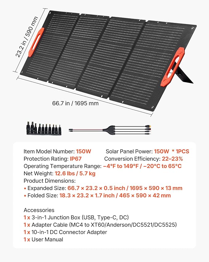 VEVOR 150W Foldable Monocrystalline Solar Panel, 23% Efficiency Portable ETFE Mono Solar Panel Charger with MC4 Output, Type-C, QC3.0 USB & DC Ports, IP67 Waterproof for Power Stations Camping Hiking