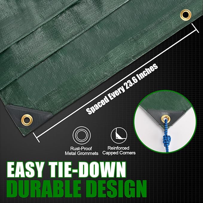 Sunvigor Tarp Waterproof 10x12Ft, Extra Thick 14 Mil Heavy Duty Tarp Cover, Tear & Fade Resistant, Outdoor Tarps with Brass Grommets and Reinforced Edges for Roof, Camping, Patio, Boat (Green)
