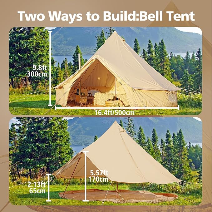 Cotton Canvas Bell Tent, Waterproof Large Tents with Sturdy Center & Door Pole and Space for 4/6/8 Person All 4 Season Camping Yurt Tent