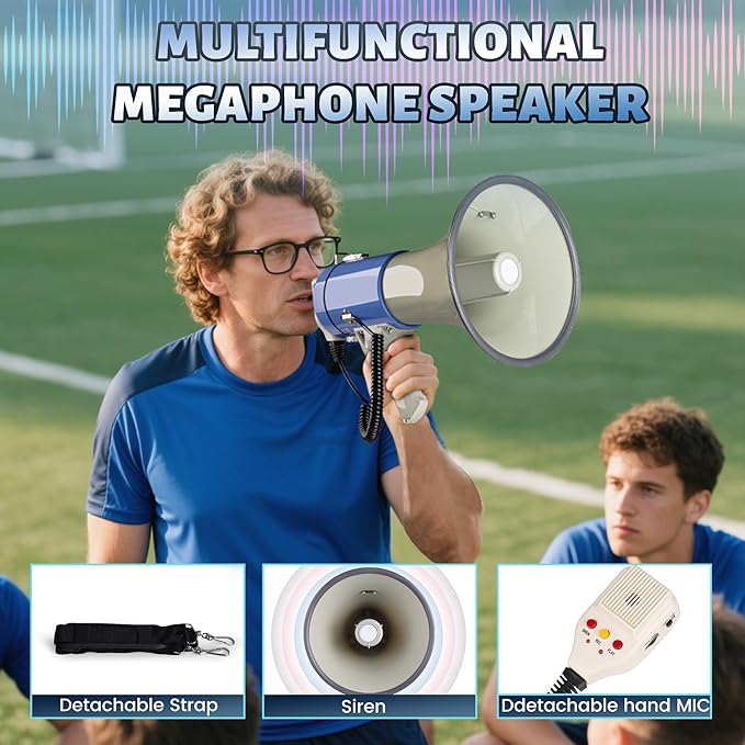 50 Watt Megaphone Bullhorn with Detachable Microphone, 240s Recording and Siren - Perfect for Indoor/Outdoor Sporting Events and Crowd Control