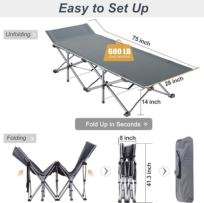 ABORON Heavy-Duty Folding Guest Bed for Adults, 500lb Capacity, Portable Extra Cot with 1237D Double Layer, Ideal for Indoor Guest Stays & Temporary Home Use