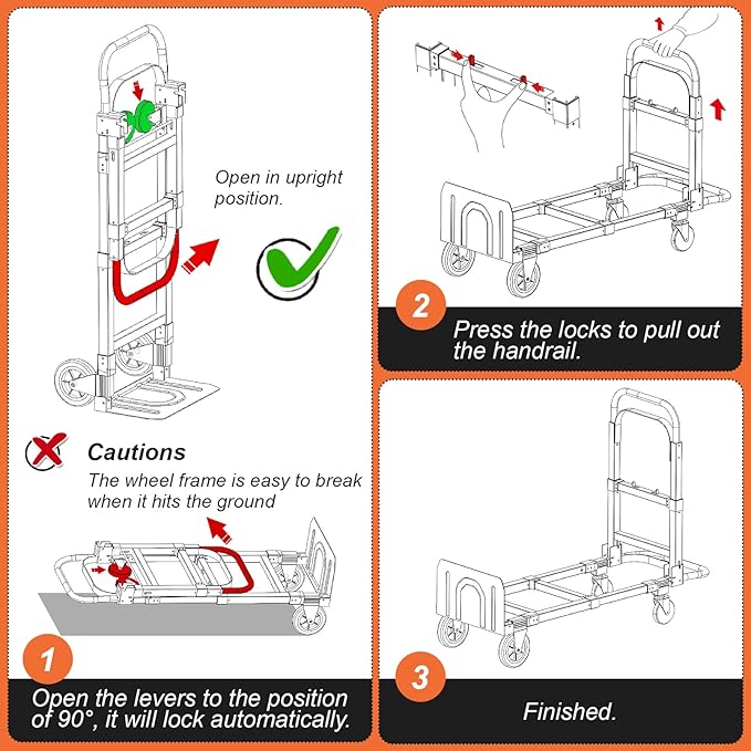 3-in-1 Aluminum Hand Truck Dolly, 600 lbs Heavy Duty Folding Trolley with Universal Wheels, Convertible Hand Truck with Tie Down Straps for Warehouse, Supermarket, Office (Orange)