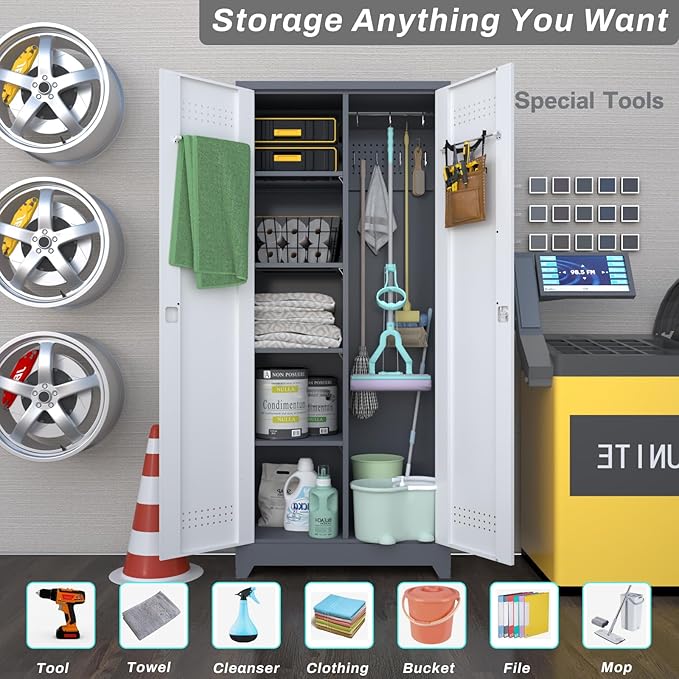 Metal Garage Storage Cabinets,Garage Tool Storage Cabinets with Lock,Locking Cabinet with Hanging Rod & S-Hooks for School,Gym,Grey-White