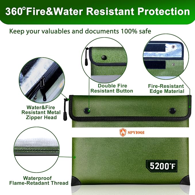 SPVIOQI Upgraded 5200F Fireproof Document Bag - Heat Insulated, 8 Layers of Functional Materials, Water Resistant, Fireproof Safe Pouch with Zipper, Perfect for Cash/Documents/Valuables