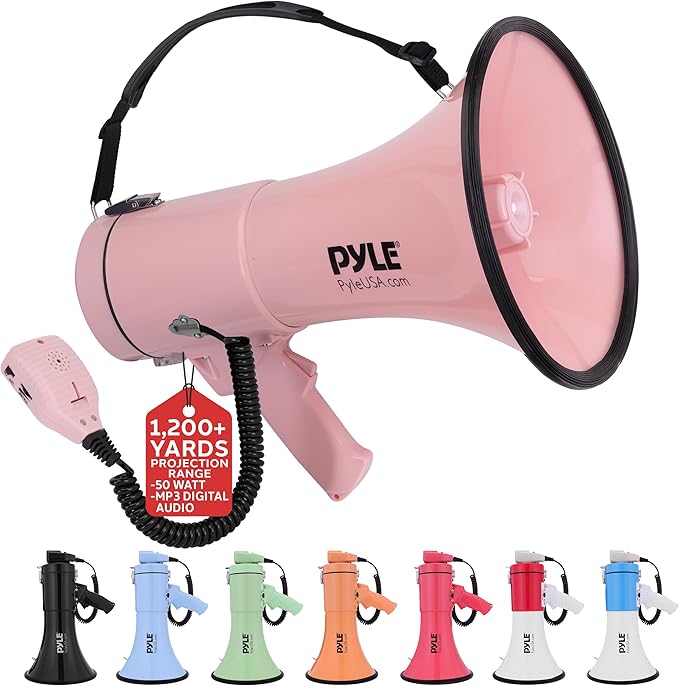 Pyle 50W Megaphone Bullhorn - Portable, Automatic Siren & Adjustable Volume, Projection Range Up to 1200 Square Yards, Aux Input, Talk, Siren, Music, Whistle, & Record, Shoulder Strap (Black)