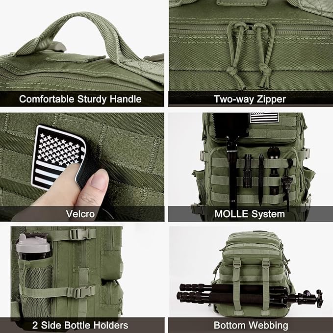 Military Tactical Backpack 25L Day Backpack for Men Molle Army 3 Days Assault Pack Bug Out Bag Water Resistant and Heavy Duty Hiking Treeking Rucksack - Dark Green
