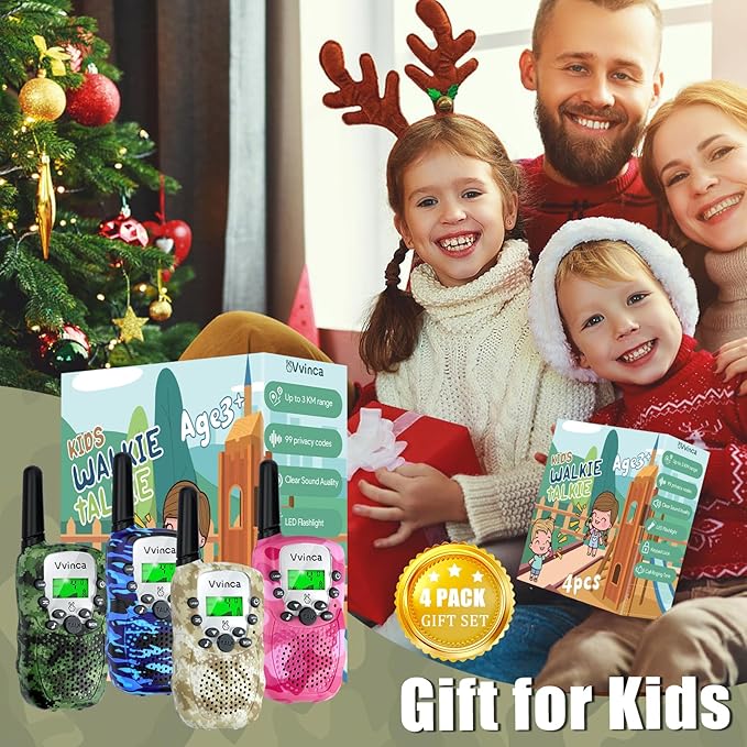 Vvinca Walkie Talkies for Kids Rechargeable 4 Pack, 3 Mile Walkie Talkie Long Range, Christmas Birthday Gift for Age 3-12 Boy Girl with Flashlight 22CH 2 Way Radio for Adventure Camping Outdoor Hiking