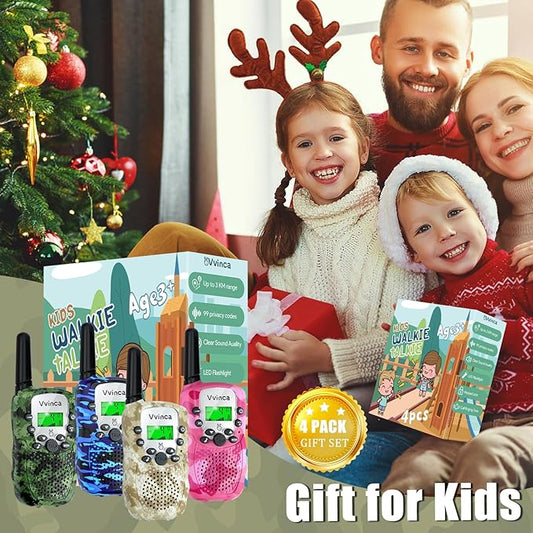 Vvinca Walkie Talkies for Kids Rechargeable 4 Pack, 3 Mile Walkie Talkie Long Range, Christmas Birthday Gift for Age 3-12 Boy Girl with Flashlight 22CH 2 Way Radio for Adventure Camping Outdoor Hiking