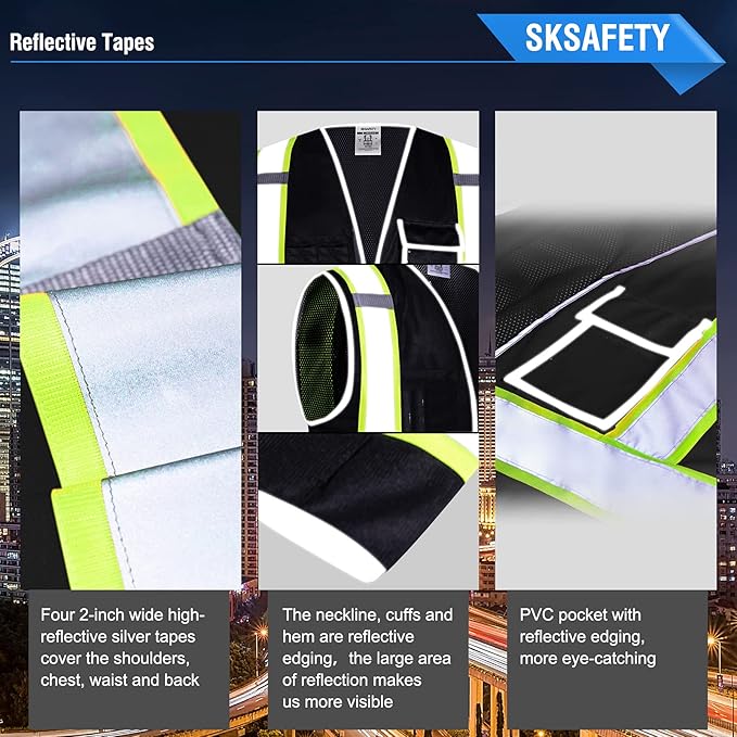 SKSAFETY 10 Pockets Safety Vest, Class 2 High Visibility Security with Zipper Back Mesh, Hi Vis Vest with Reflective Strips, ANSI/ISEA Standard, Construction Work Vest for Men ＆ Women （Black, 2XL）
