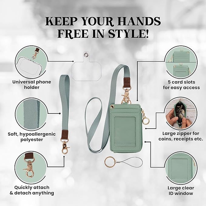 2-in-1 ID Badge Holder with Lanyard - Multi-Use Lanyard Keychain Wallet for Women, Small Keychain Wristlet Wallet with Strap & Lanyards for ID Badges, Phone & Card Holder - Sage Green