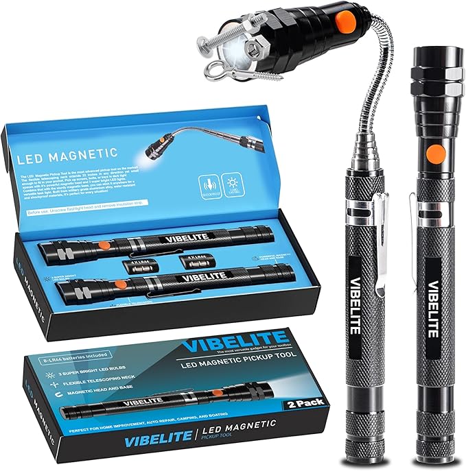 VIBELITE Extendable Magnetic Flashlight with Telescoping Magnet Pickup Tool-Cool Gadget Christmas Gifts Stocking Stuffers for Men, Teen Boys, Dad, Father, Mechanic, Boyfriend, Women, Black, 2 Pack