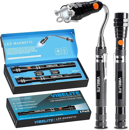 VIBELITE Extendable Magnetic Flashlight with Telescoping Magnet Pickup Tool-Cool Gadget Christmas Gifts Stocking Stuffers for Men, Teen Boys, Dad, Father, Mechanic, Boyfriend, Women, Black, 2 Pack