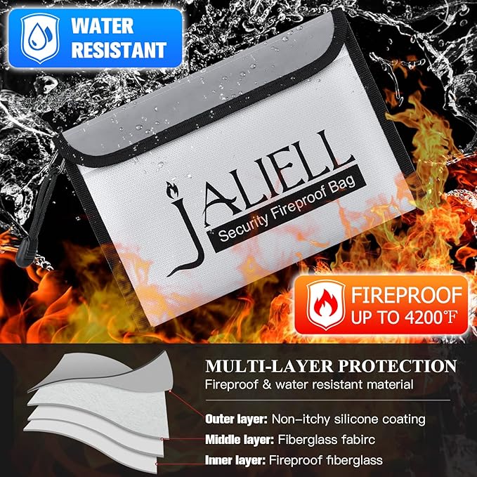 2 Pack Fireproof Money Bag (9.5x6.5''), Non-itchy Waterproof Fireproof Bag with Zipper, Small Fire Proof Money Bag for Cash, Valuables, Passport, Currency & Keys (Black & Grey)