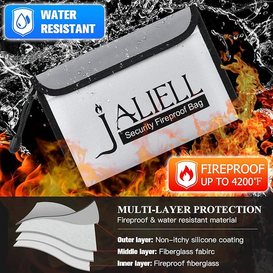 2 Pack Fireproof Money Bag (9.5x6.5''), Non-itchy Waterproof Fireproof Bag with Zipper, Small Fire Proof Money Bag for Cash, Valuables, Passport, Currency & Keys (Black & Grey)