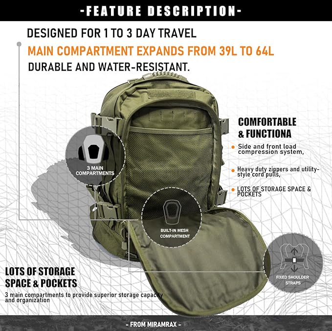 Tactical Backpack Military Army Daypack - Assault Pack for Men Molle Backpacks Bug Out Bag 3 Day Pack for Hiking Camping Travel Hunting Rucksack Trekking Green