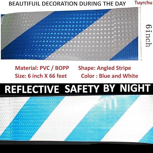 Blue and White Reflective Tape Outdoor Waterproof 6 inch X 66 feet, High Visibility Hazard Conspicuity Safety Industrial Marking Tape