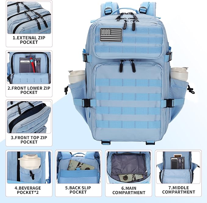 45L Tactical Assault Backpack 3 day assault pack with Molle Waterproof backpack Rucksack for Tactical Backpacks (Light blue)