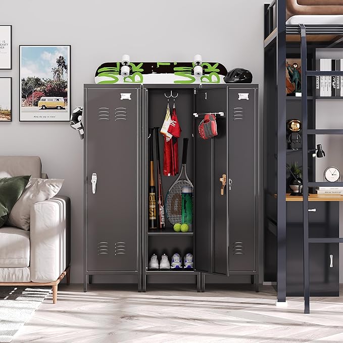 1 Door Metal Storage Lockers with Handle and Hanging Rod,Metal Locker for Employees with Pegboard and Hooks for Home,Office,Gym, School, Garage,Assembly Required,Black