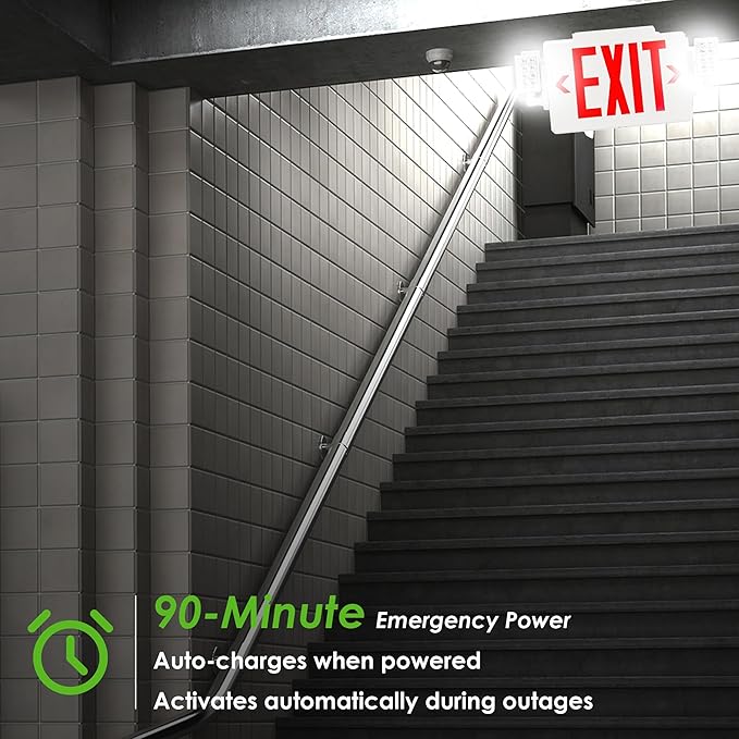 Gruenlich LED Combo Exit Sign, Emergency Light with 2 Adjustable Heads and Double Face, Back Up Batteries- US Standard Red Letter EXIT, UL 924 Qualified, 120-277 Voltage, 2-Pack