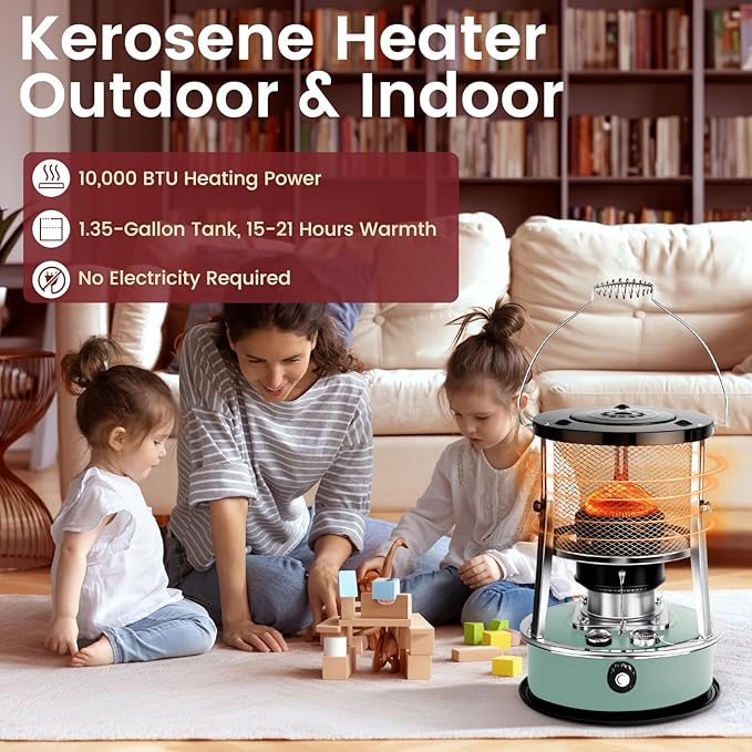 10,000 BTU Kerosene Heater, Kerosene Heaters for Indoor Use, Non Electric Portable 2 in 1 Stove & Heater for Camping, Garage, Home, and Emergency Use