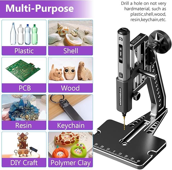 AM ARROWMAX Mini Electric Drill Pen with Benchtop Press, 5-Speed, 10 Small Drill Bits with Aluminium Box, LED Lights, OLED Display, Resin Drill Set For Jewelry Making, Plastic, Wood (SDS ULTRA PLUS)