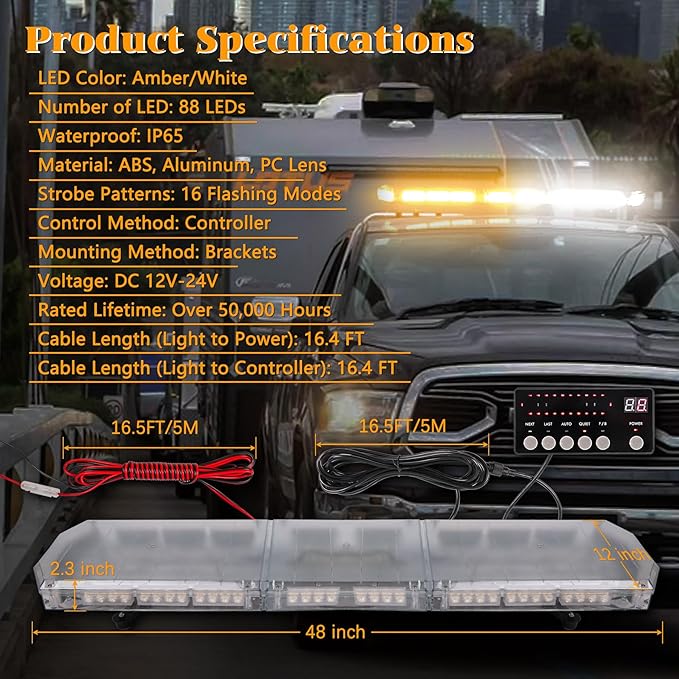 48 Inch Amber White Emergency Light Bar 88 LED Super Bright Rooftop Strobe Lights Waterproof Hazard Warning Roof Top Flashing Light Bar for Tow Truck Snowplow Construction Vehicle (DC 12-24V)