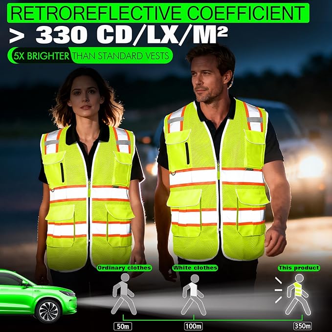 BeautyWill 10 Pack Custom Logo Safety Vest ANSI Class 2 High Visibility Reflective Vest Personalized Construction Vest Bulk