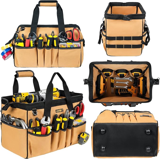 15-Inch Tool Bag,38 Pockets Tool Bags for Men,Heavy Duty Tool Box Organizer Storage,Wide Mouth Toolbag Tools Tote Carrying Case for Dad,Mechanic,Electrician,Brown,Bag Only
