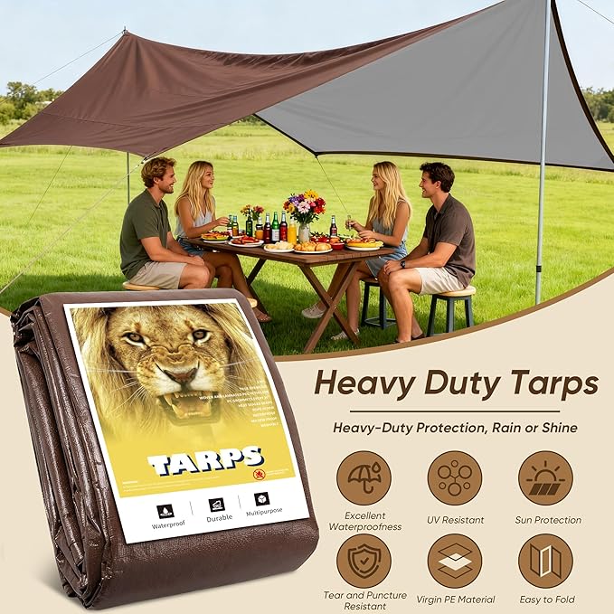 50x50 Ft Heavy Duty Waterproof Poly Tarp, Brown, 10 Mil Thickness, Metal Grommets, UV Resistant, Tear Resistant, Multipurpose Outdoor Cover