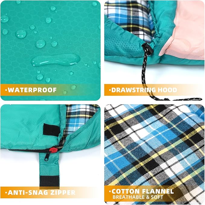 Cotton Flannel Lined Sleeping Bag for Adults Teens Kids, Cold Weather & Warm, 3 Seasons, Lightweight Compact Camping Essentials Equipment, Hiking, Outdoor, Travel