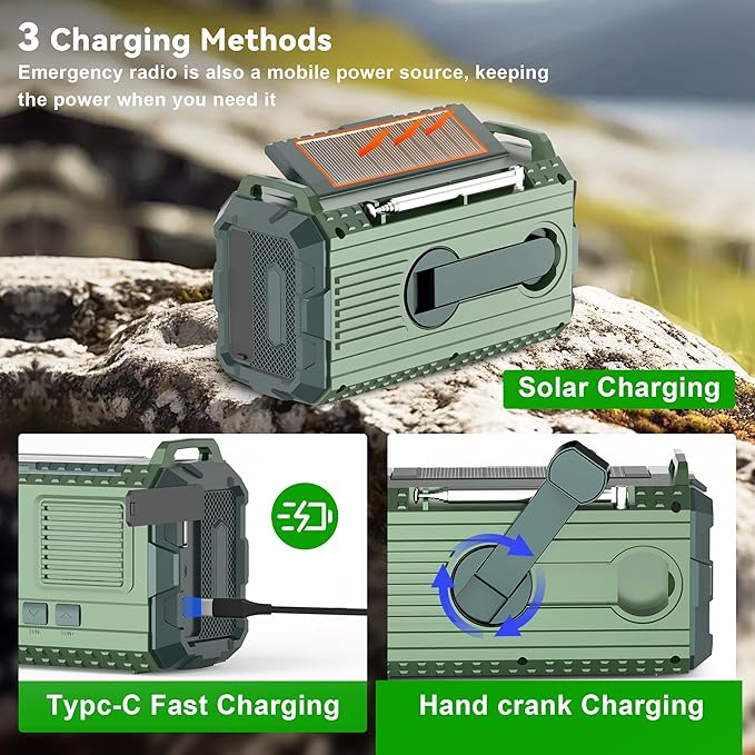 Emergency Weather Radio - AM/FM/NOAA Hand Crank Radio with 15W Fast Charge, 40000mAh Portable Solar Power Bank, Multi-Function Flashlight & SOS Alarm for Outdoor Indoor Emergencies (Green)