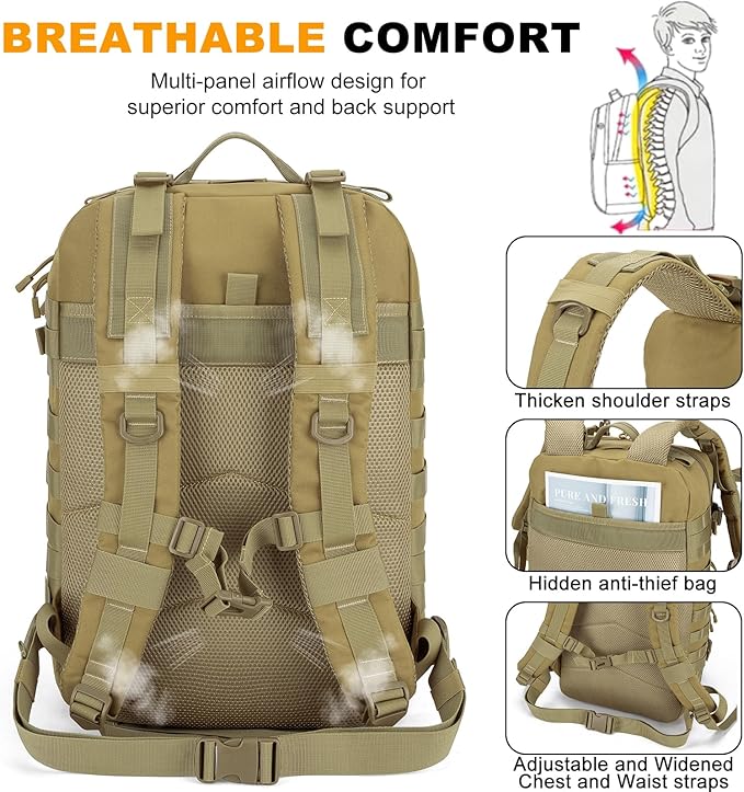 Tactical Backpack 45L Army Military Rucksack, Water Resistant MOLLE Pack, Large 3 Day Bug Out Bag for Men & Women, Durable Outdoor Gear for Hiking, Camping, Hunting, Travel (Khaki)