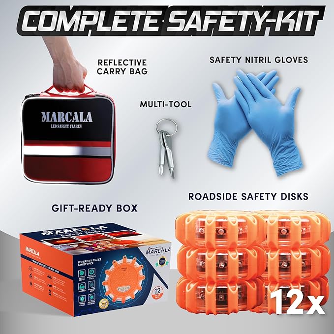 MARCALA Emergency Flares for Cars 12-Pack | Roadside Emergency Car Kit with Flares | Roadside Safety Discs | LED Safety Flare Emergency Lights | Complete Safety Disc Kit | Seen from a Mile Away