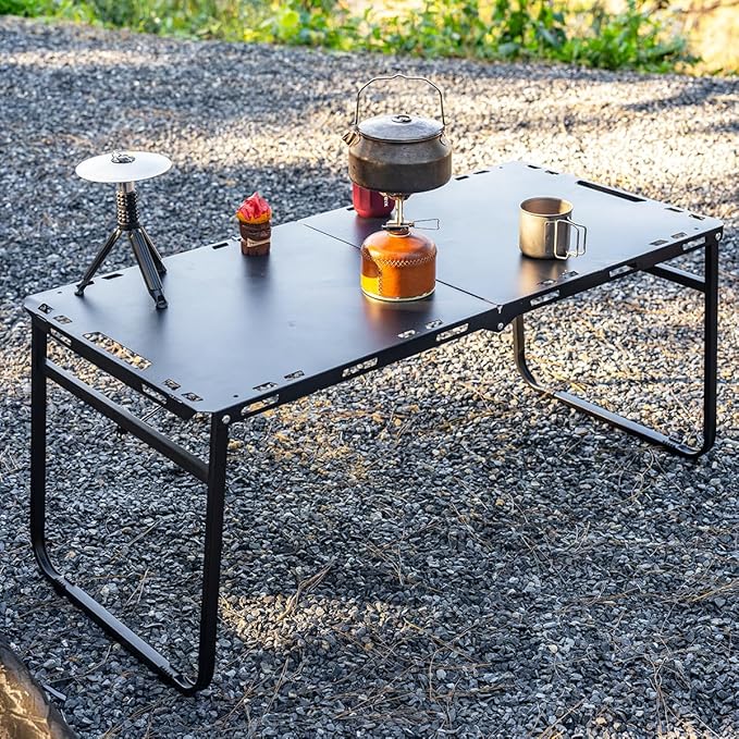 SoloWilder Foldable Camping Table with Gas Struts 3'5" Carbon Steel Large Outdoor Portable Table 11.8lb for Hiking, BBQ, Picnic