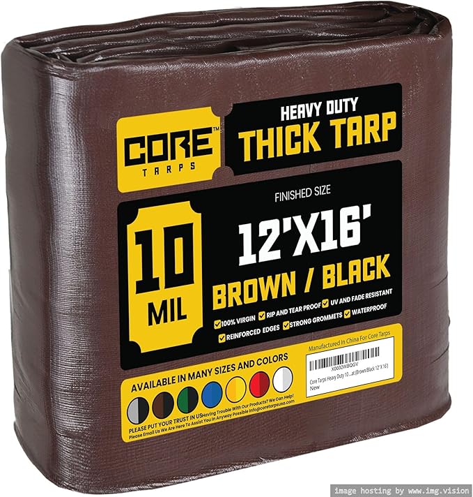 Core Tarps Heavy Duty 10 Mil Tarp Cover, Waterproof, UV Resistant, Rip and Tear Proof, Poly Tarpaulin with Reinforced Edges for Roof, Camping, Patio, Pool, Boat (Brown/Black 12′ X 16′)