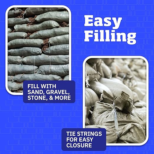 DURASACK Heavy Duty Sand Bags with Tie Strings Empty Woven Polypropylene Sand-Bags for Flood Control with 1600 Hours of UV Protection, 50 lbs Capacity, 14x26 inches, Green, Pack of 100