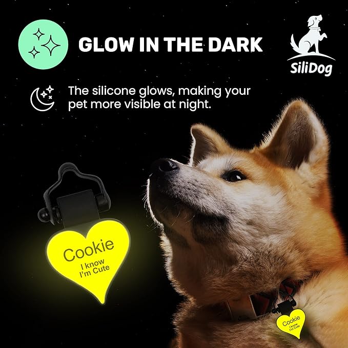 SiliDog - The Original Silicone Silent Dog Tag - Personalized Engraved Soundless Pet ID - As Seen On Shark Tank - Durable - Never Fades - Heart - Pink
