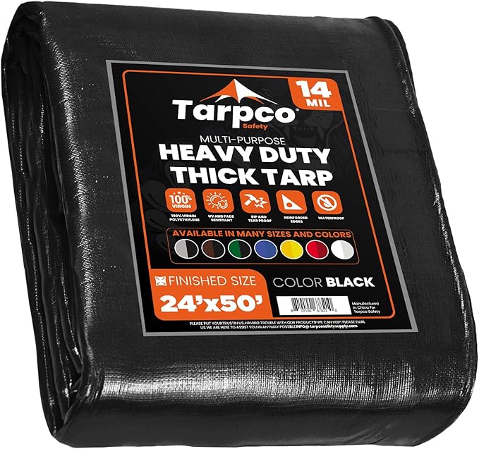 Tarpco Safety Extra Heavy Duty 14 Mil Tarp Cover, Waterproof, UV Resistant, Rip and Tear Proof, Poly Tarpaulin with Reinforced Edges for Roof, Camping, Patio, Pool, Boat (Black 24′ X 50′)