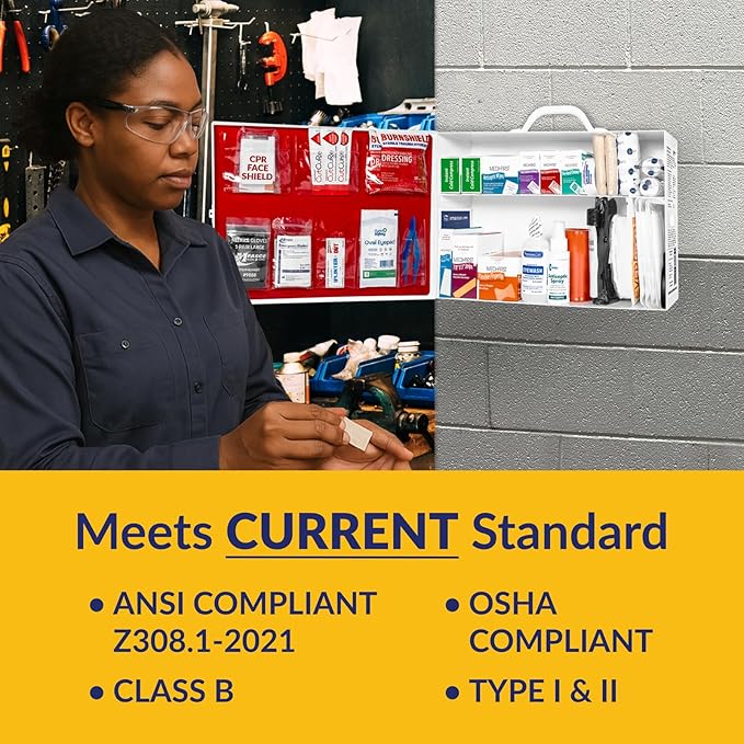 MFASCO 2 Shelf First Aid Cabinet - ANSI/OSHA Class B Type I & II - Medi First Brand Bandages - Carry or Wall Mount - Easy Restock & Refill - - White Enamel Finish - 226 Pcs - 16"x11"x4 7/8"