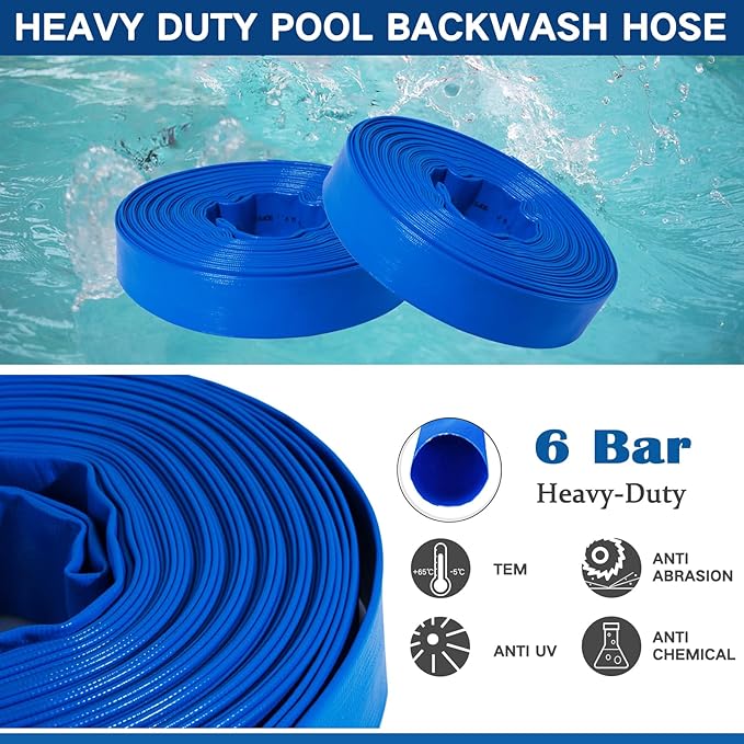 Eastrans 2 in x 100 ft Pool Backwash Hose Kit with Male NPT Adapter,Heavy Duty Discharge Pump Hose for Swimming Pool,Reinforced Pool Drain Hose with 2 Clamps and Thread Seal Tape,6 Bar