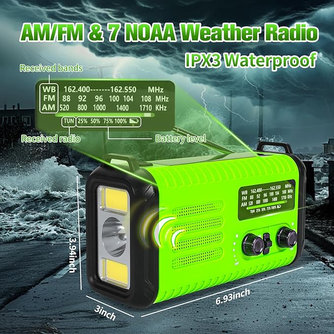 Emergency NOAA Weather Radio AM/FM, with Portable Solar/Hand Crank/USB Charging, 20000mAh/74000mWh Rechargeable Battery and Flashlight SOS Siren Lamp for Indoor/Outdoor Emergencies