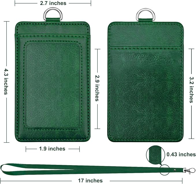 Life-Mate ID Badge Holder with 1 Clear ID Window, 1 Credit Card Slot and PU Leather Lanyard for Badge, College ID Cards in Dark Green