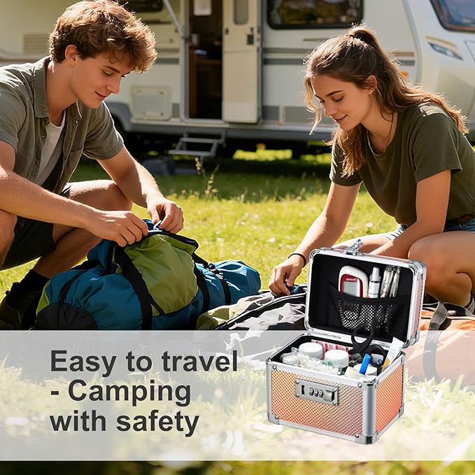 Adazzo Lockable Storage Box - Shiny Gold Medicine Med Lock Box, 7 * 5.25 * 5.75 Inches Safe Case with Combination Lock for Home, Dorm, Office, or Travel - Mini Size