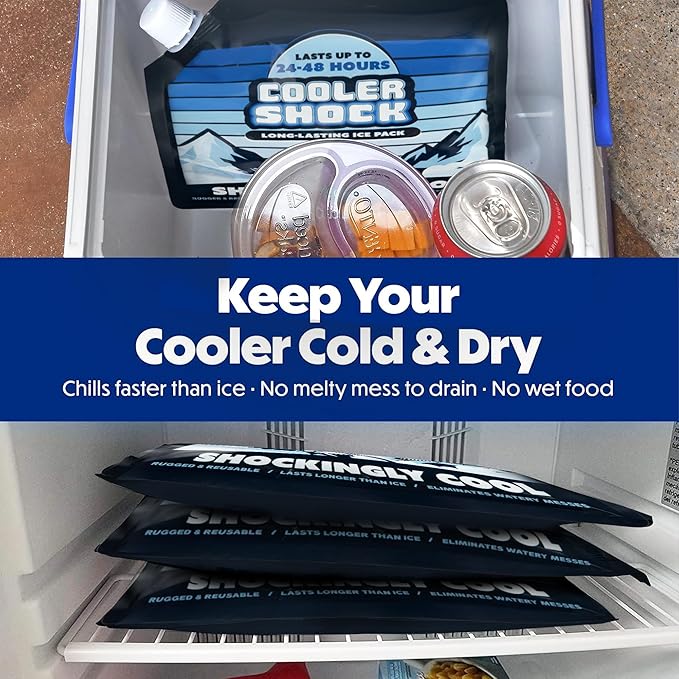 Cooler Shock Reusable Ice Packs for Cooler - Long Lasting Cold Freezer Packs for Coolers and Lunch Boxes - Cooler Ice Packs for Camping Gear, Fishing, Road Trips, Beach Must Haves